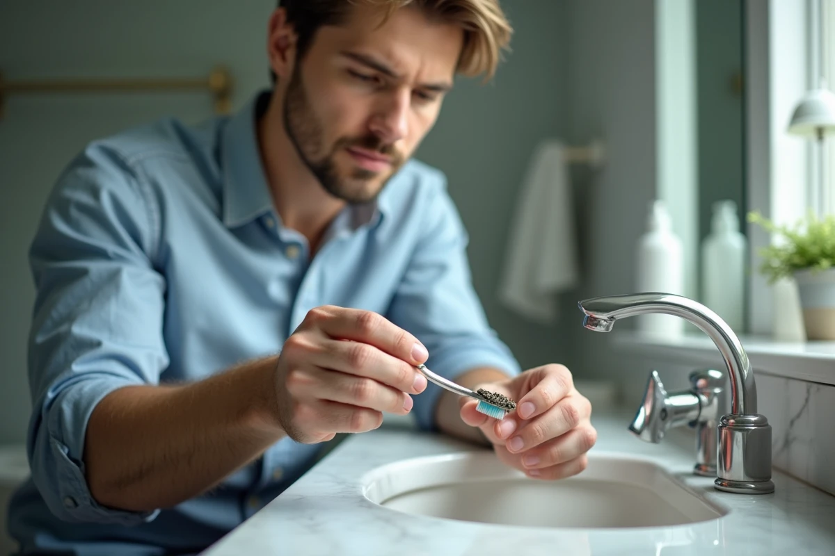 Jeune homme nettoyant un bracelet en argent dans la salle de bain