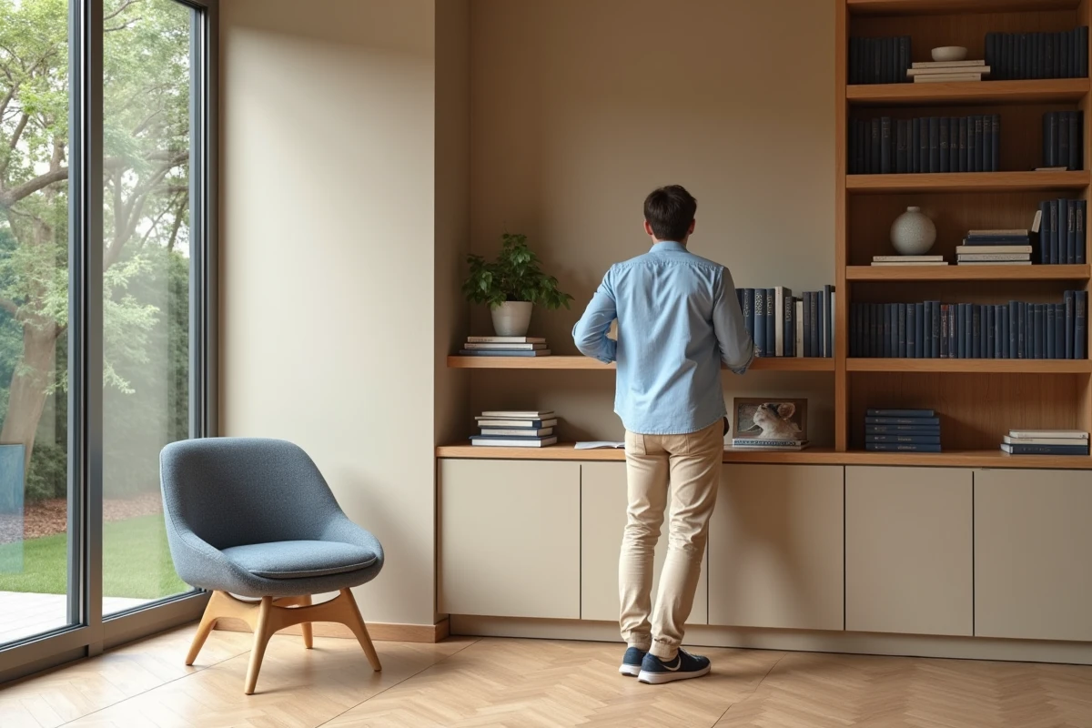 Jeune homme arrangeant des livres dans un bureau lumineux