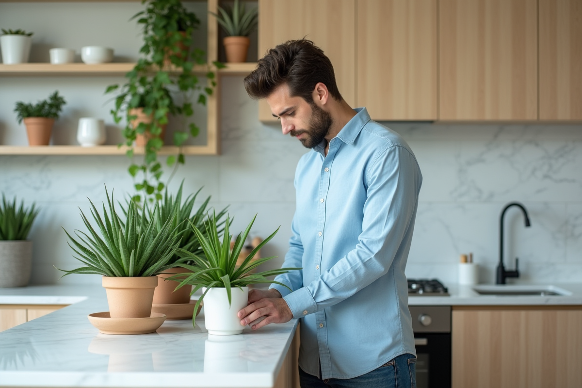 Jeune homme arrangeant des plantes purifiantes dans la cuisine