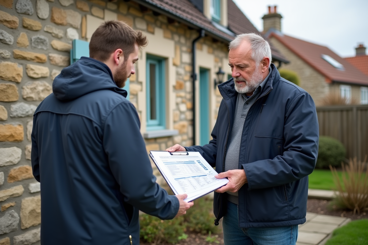 Jeune homme discute de renovation avec un conseiller devant une maison en pierre
