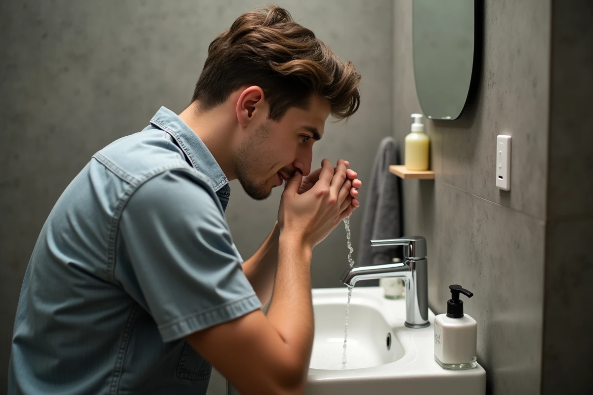 Jeune homme rin&ccedil;ant son visage dans un petit lavabo urbain