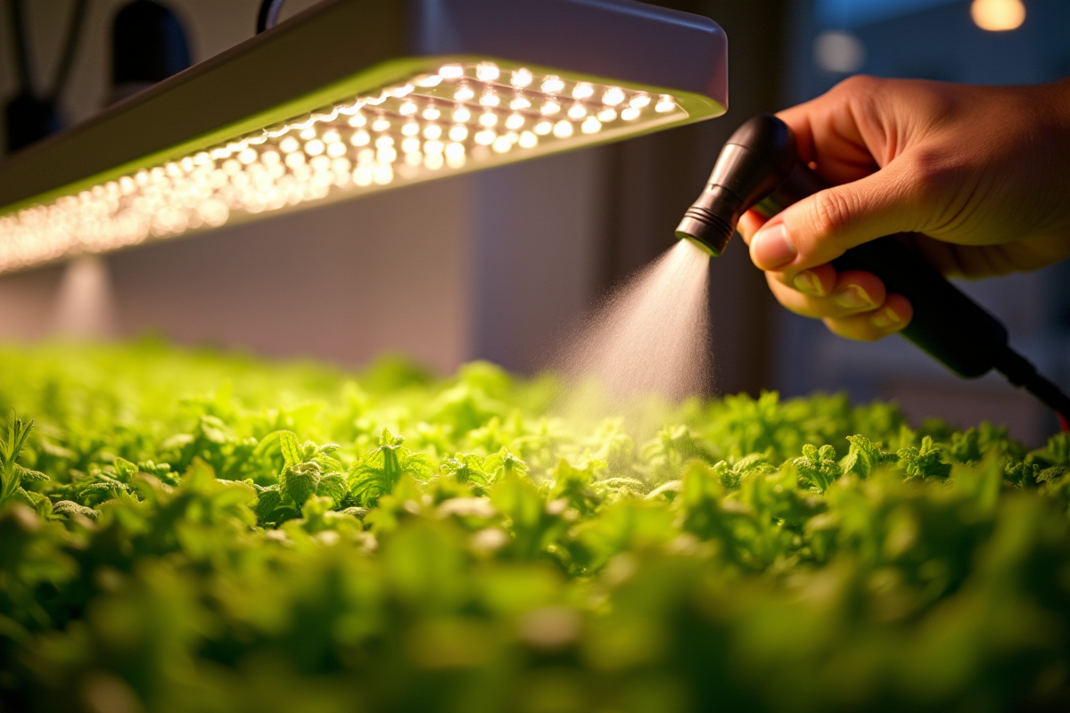 Jeune plants verts sous éclairage LED professionnel