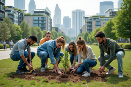 Groupe divers d'adultes plantant des jeunes arbres dans un parc urbain