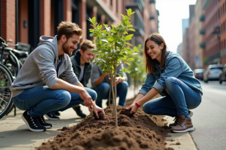 Jeunes adultes plantant des arbres en ville en extérieur