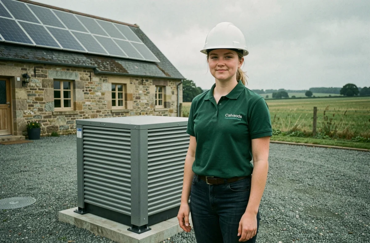 Installatrice de Kithemes spécialisée en énergie renouvelable à côté d'une pompe à chaleur géothermique dans le Calvados