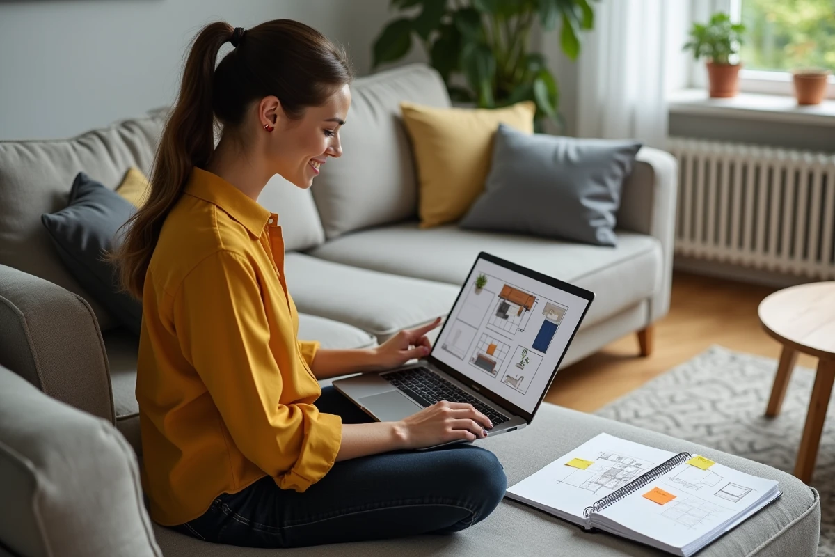 Jeune femme travaillant sur l'application Kozikaza en mode hors connexion depuis son canapé avec un carnet de croquis de plans d'intérieur