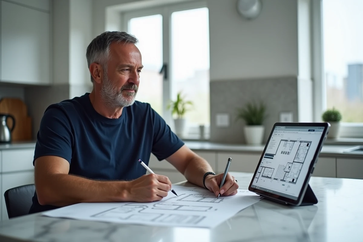 Homme utilisant une tablette pour travailler sur des plans de maison avec Kozikaza sans connexion internet dans une cuisine moderne