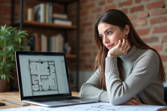 Femme travaillant sur des plans d'architecture avec le logiciel Kozikaza en mode hors connexion sur son ordinateur portable dans un bureau à domicile
