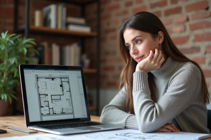 Femme travaillant sur des plans d'architecture avec le logiciel Kozikaza en mode hors connexion sur son ordinateur portable dans un bureau à domicile