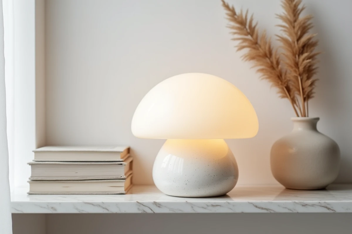 Lampe champignon en céramique blanche mate sur une étagère en marbre dans un intérieur scandinave minimaliste avec décoration naturelle