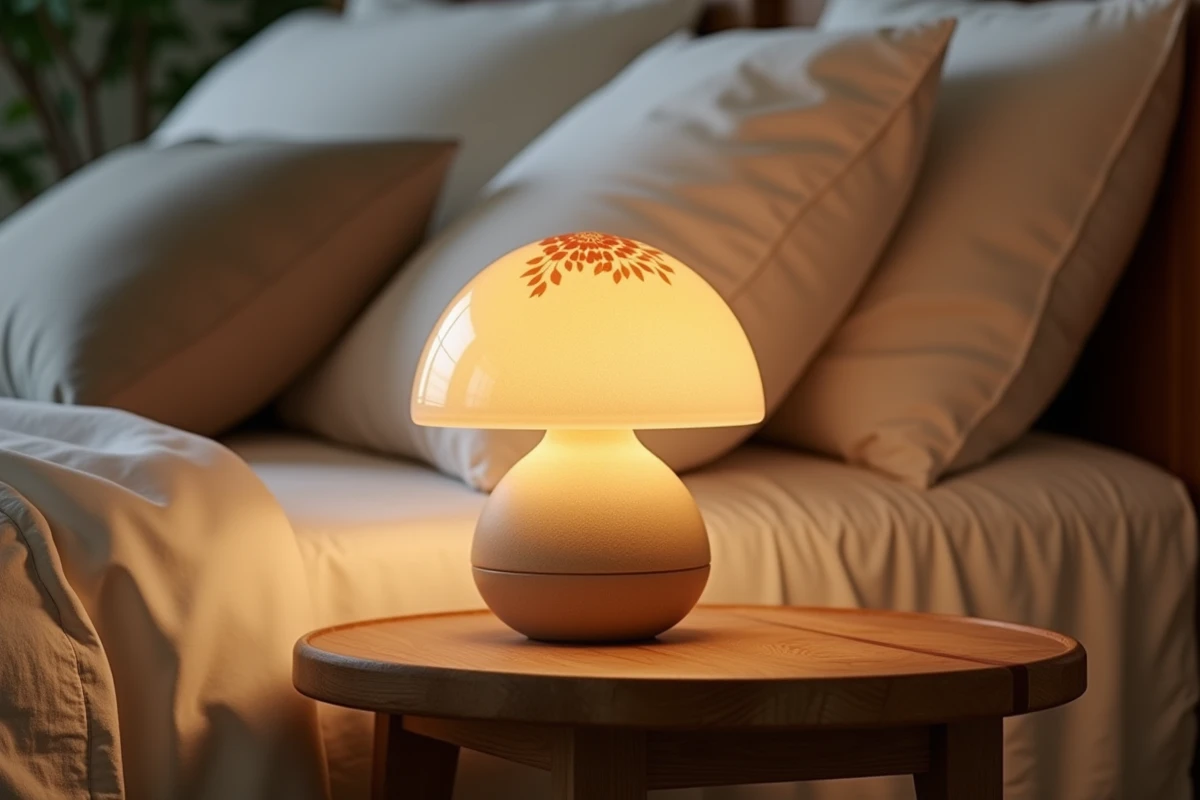 Lampe de chevet en céramique en forme de champignon posée sur une table de nuit en chêne dans une chambre cosy aux tons neutres