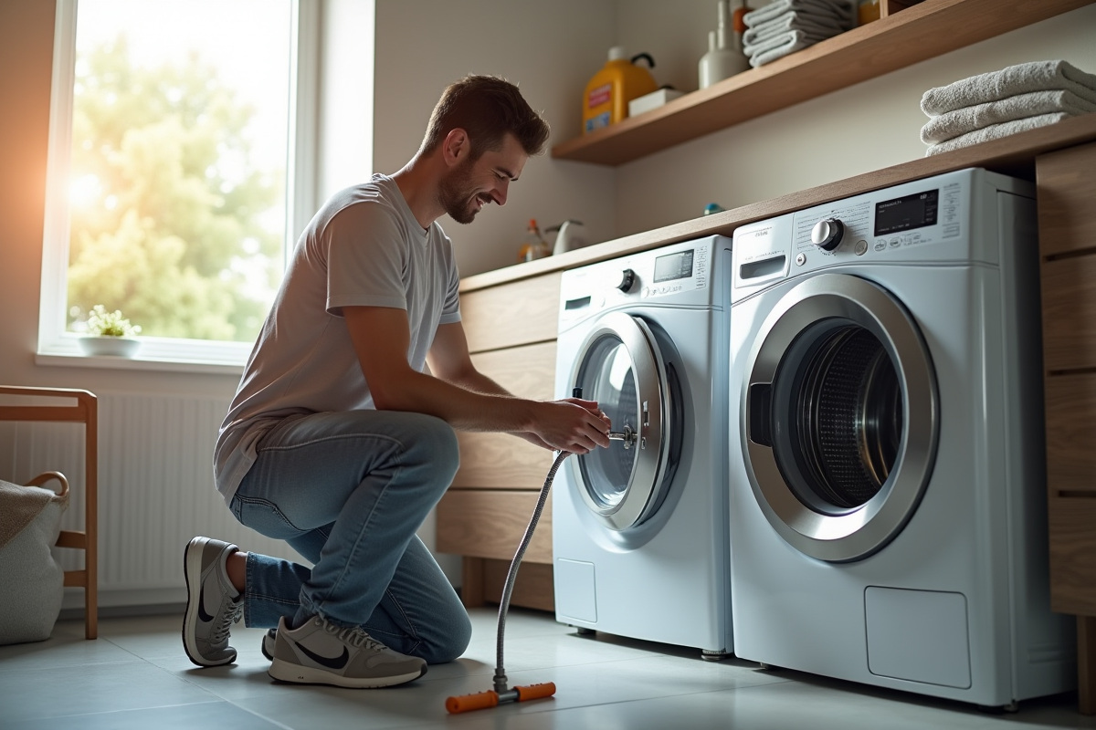 Installation d'une machine lave-linge séchant moderne dans une laverie lumineuse