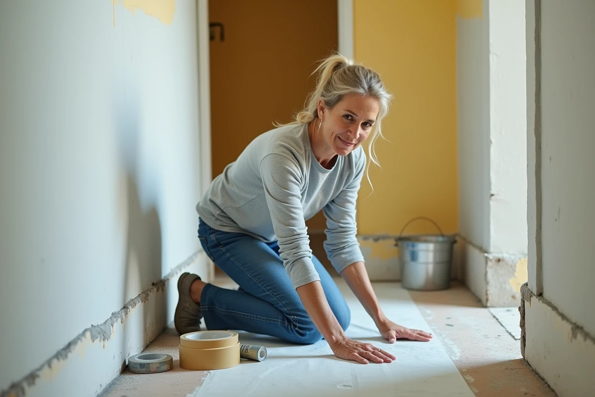 Femme lissant un joint acrylique avec le doigt le long d'une plinthe dans un couloir de maison ancienne avant repeinture