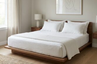 Grand lit king size 240x240 cm avec draps en percale blanche dans une chambre scandinave moderne au parquet en chêne clair