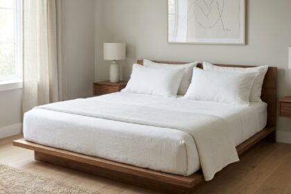 Grand lit king size 240x240 cm avec draps en percale blanche dans une chambre scandinave moderne au parquet en chêne clair