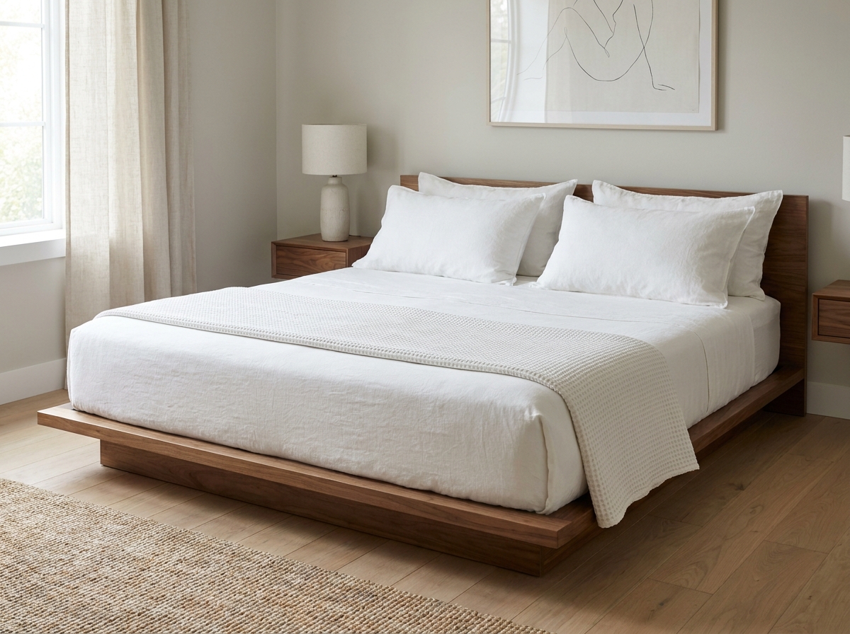 Grand lit king size 240x240 cm avec draps en percale blanche dans une chambre scandinave moderne au parquet en chêne clair