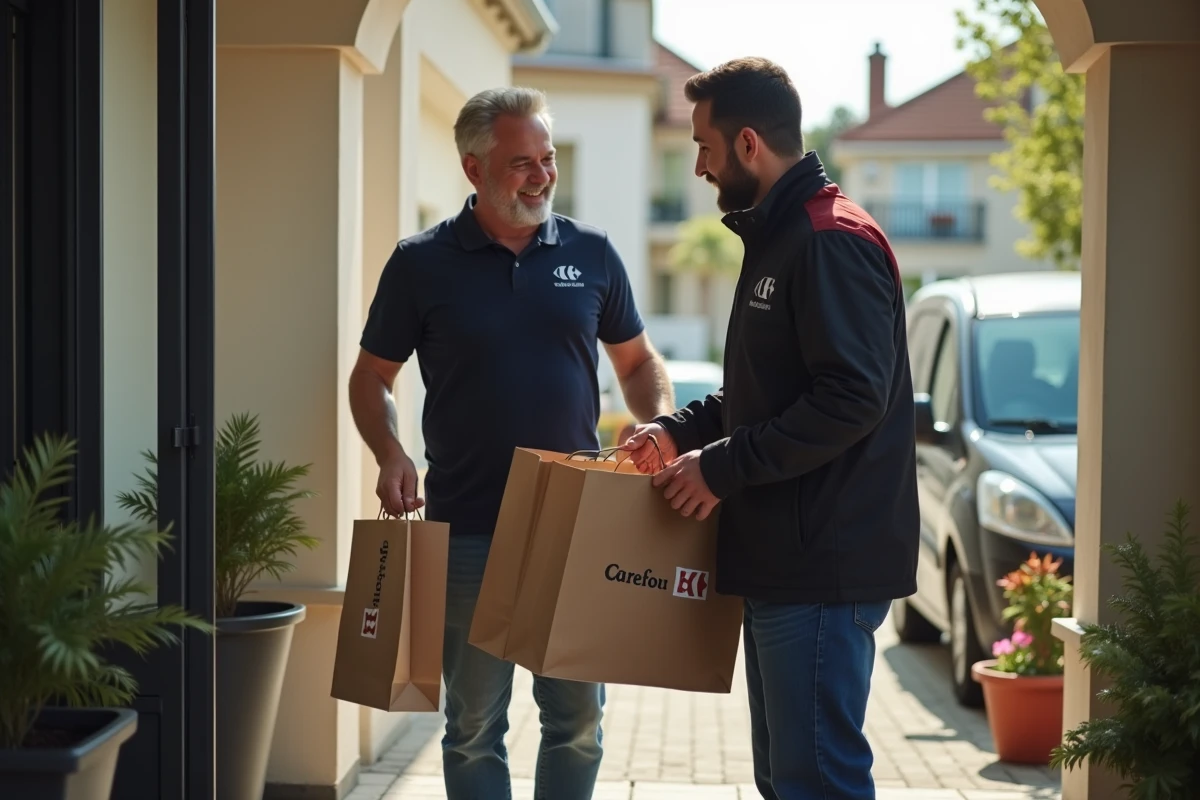 Homme recevant des courses Carrefour livrées à domicile avec plusieurs sacs de livraison