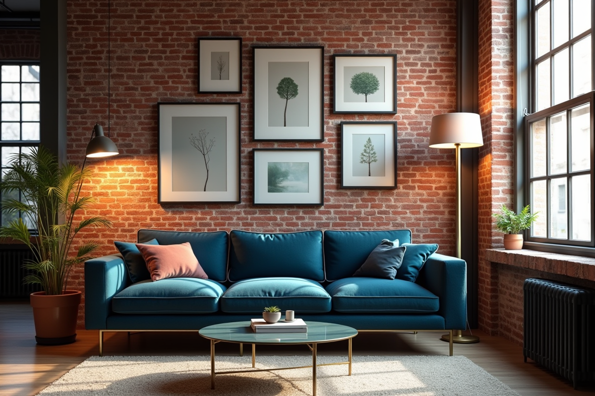 Salon cosy en loft urbain avec canapé bleu et murs en briques