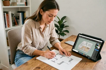 Femme utilisant un logiciel de plan de salle de bains en 3D sur tablette avec des croquis sur papier
