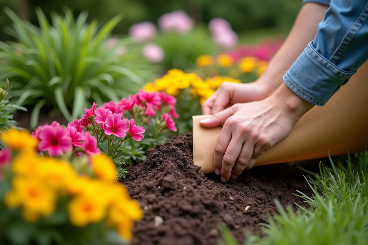 Mains posant du papier brun autour de fleurs en pleine floraison