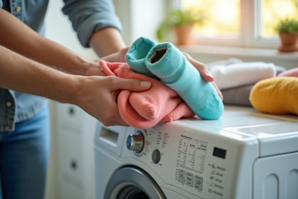 Mains tournant des chaussettes colorées dans la machine à laver