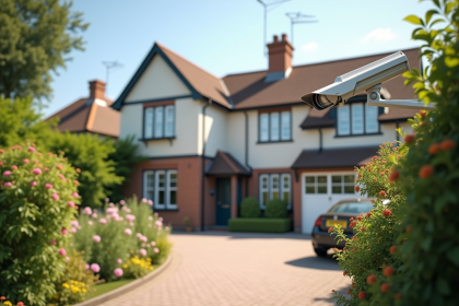 Maison britannique avec caméra de sécurité visible dans le jardin