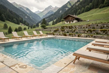 Piscine moderne avec vue sur les collines d'Auvergne-Rhône-Alpes, entourée de terrasses en pierre et de chaises longues en teck