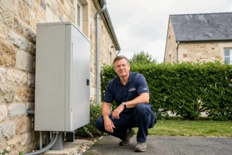 Technicien professionnel installant une pompe à chaleur sur une maison en pierre normande dans le Calvados