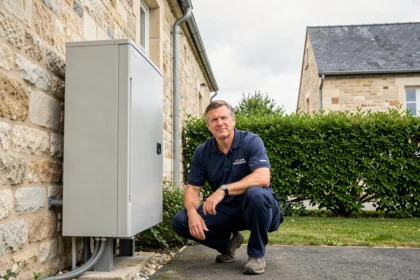 Technicien professionnel installant une pompe à chaleur sur une maison en pierre normande dans le Calvados