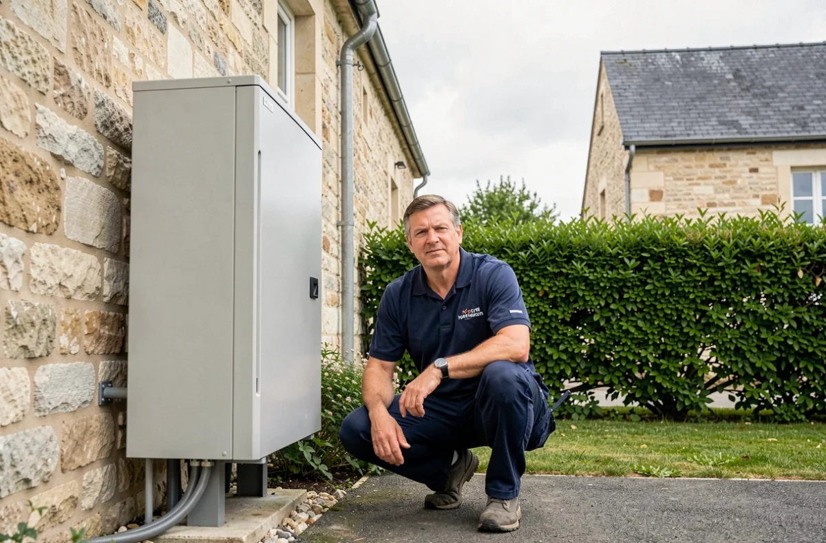 Technicien professionnel installant une pompe à chaleur sur une maison en pierre normande dans le Calvados