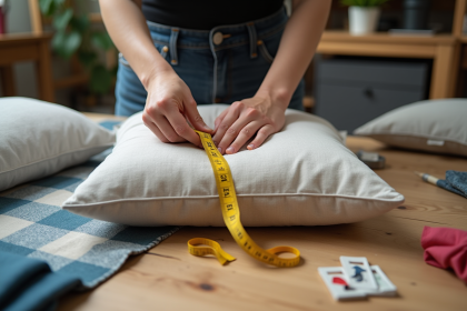 Personne mesurant un coussin avec un ruban en bois naturel