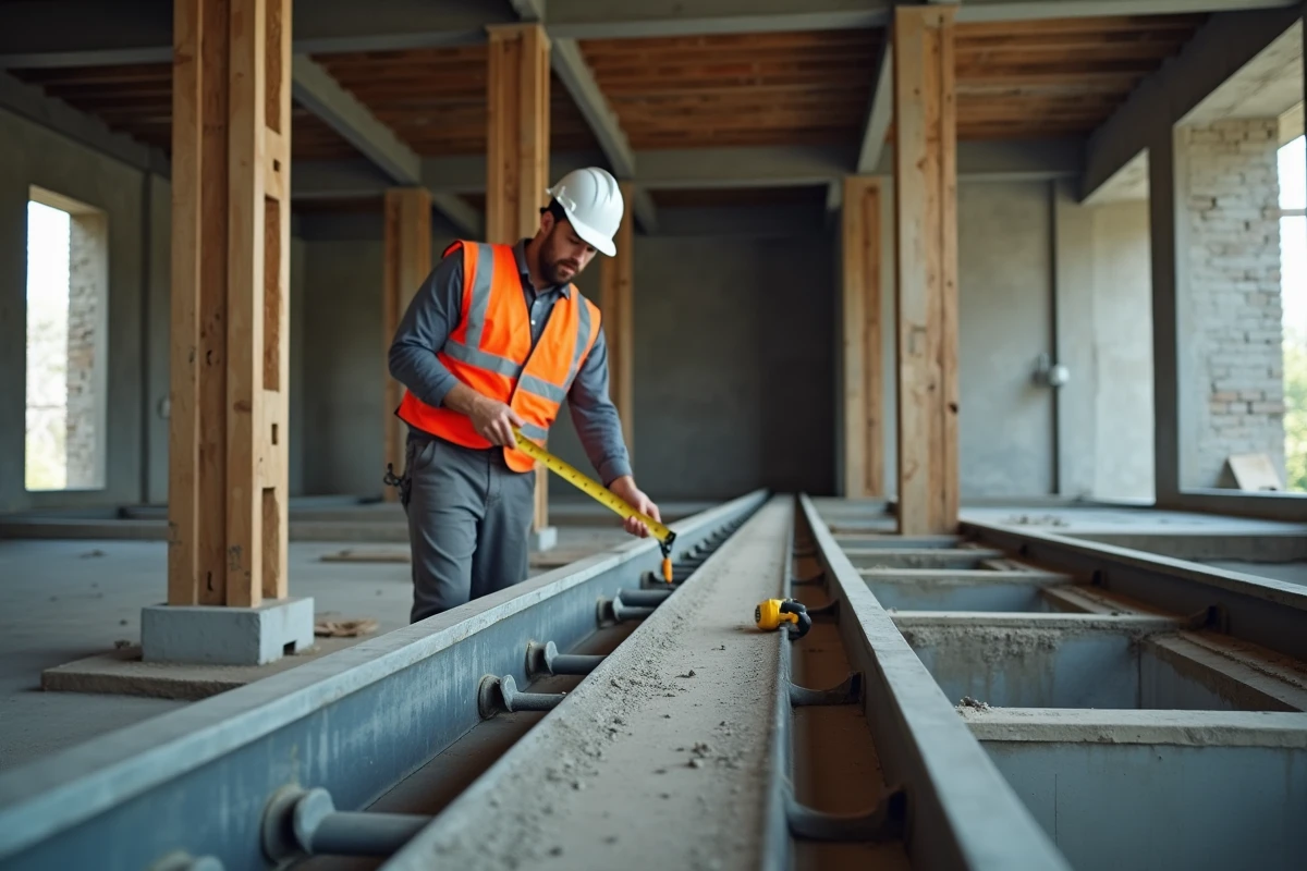 Ouvrier mesurant un IPN métallique sur un chantier de mezzanine en construction avec structure en acier visible