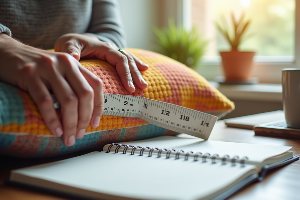 Mains mesurant un oreiller coloré avec une règle flexible