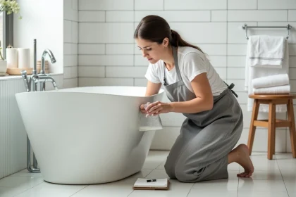 Femme mesurant la contenance de sa baignoire avec un pichet gradué dans une salle de bain moderne