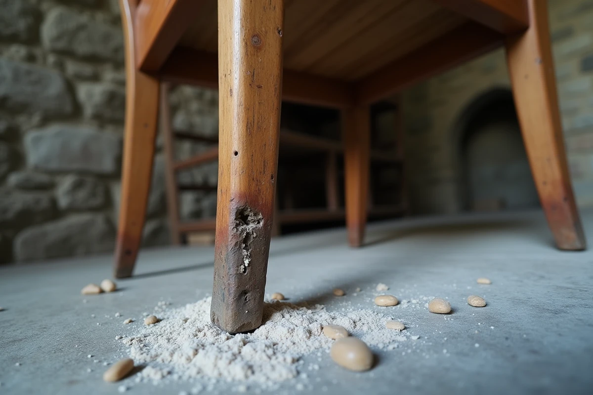 Pied de meuble ancien avec des trous de mites du bois et de la sciure sur un sol en pierre dans une cave