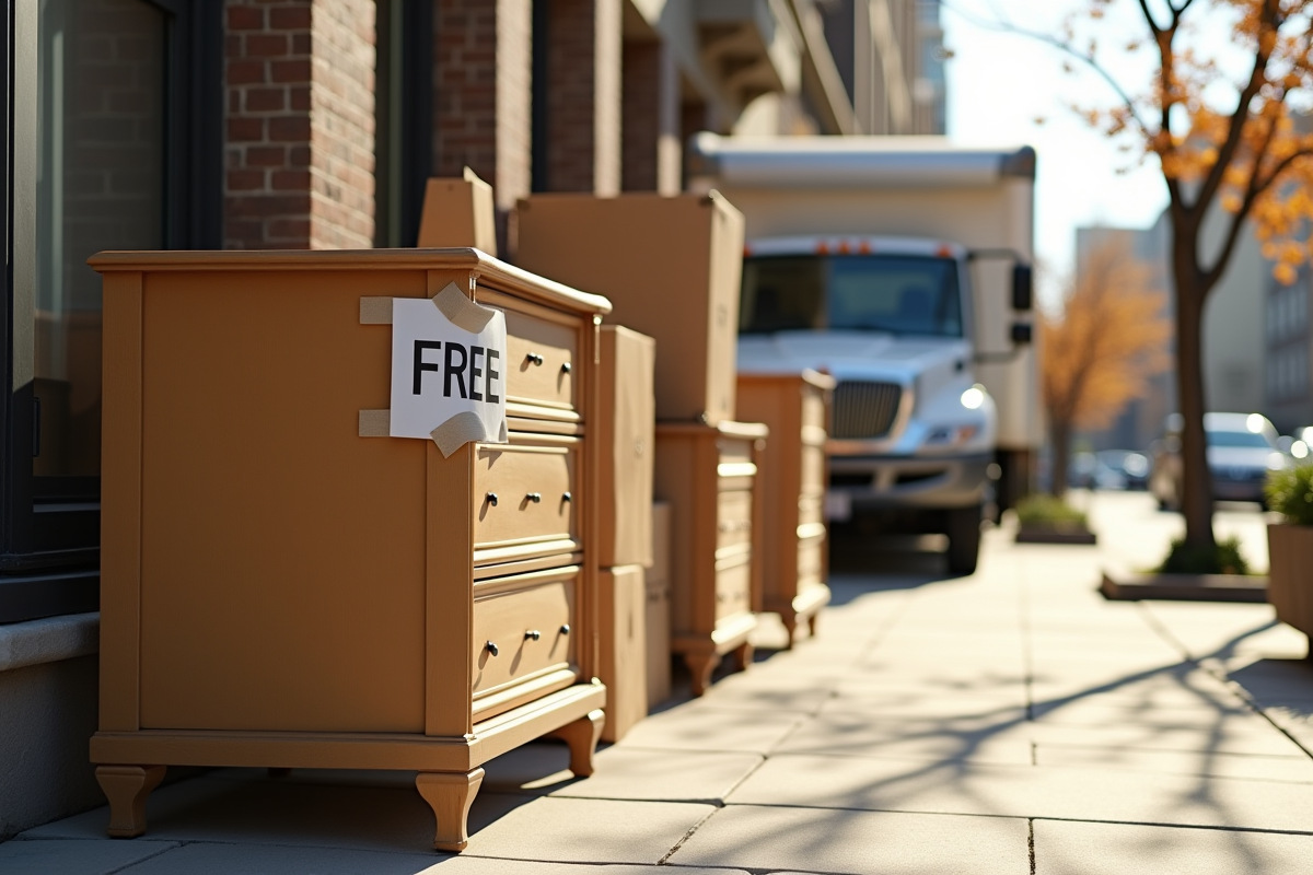 Meubles et cartons alignes sur le trottoir avec camion de déménagement