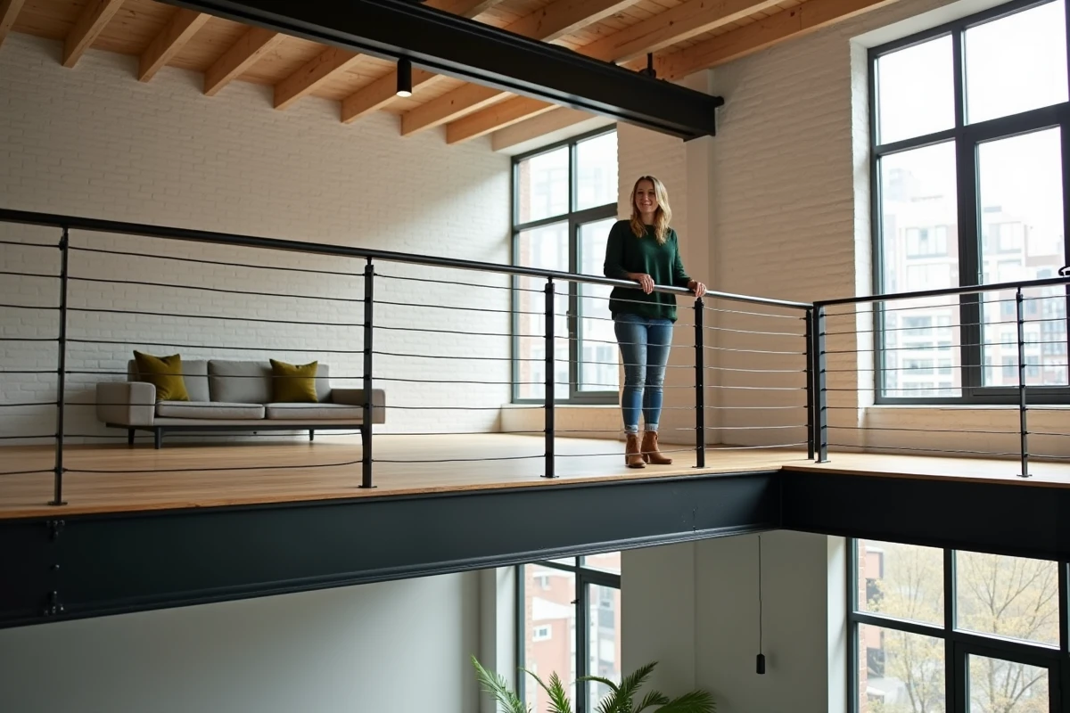 Mezzanine moderne avec IPN apparents peints en noir et plancher en chêne dans un loft rénové