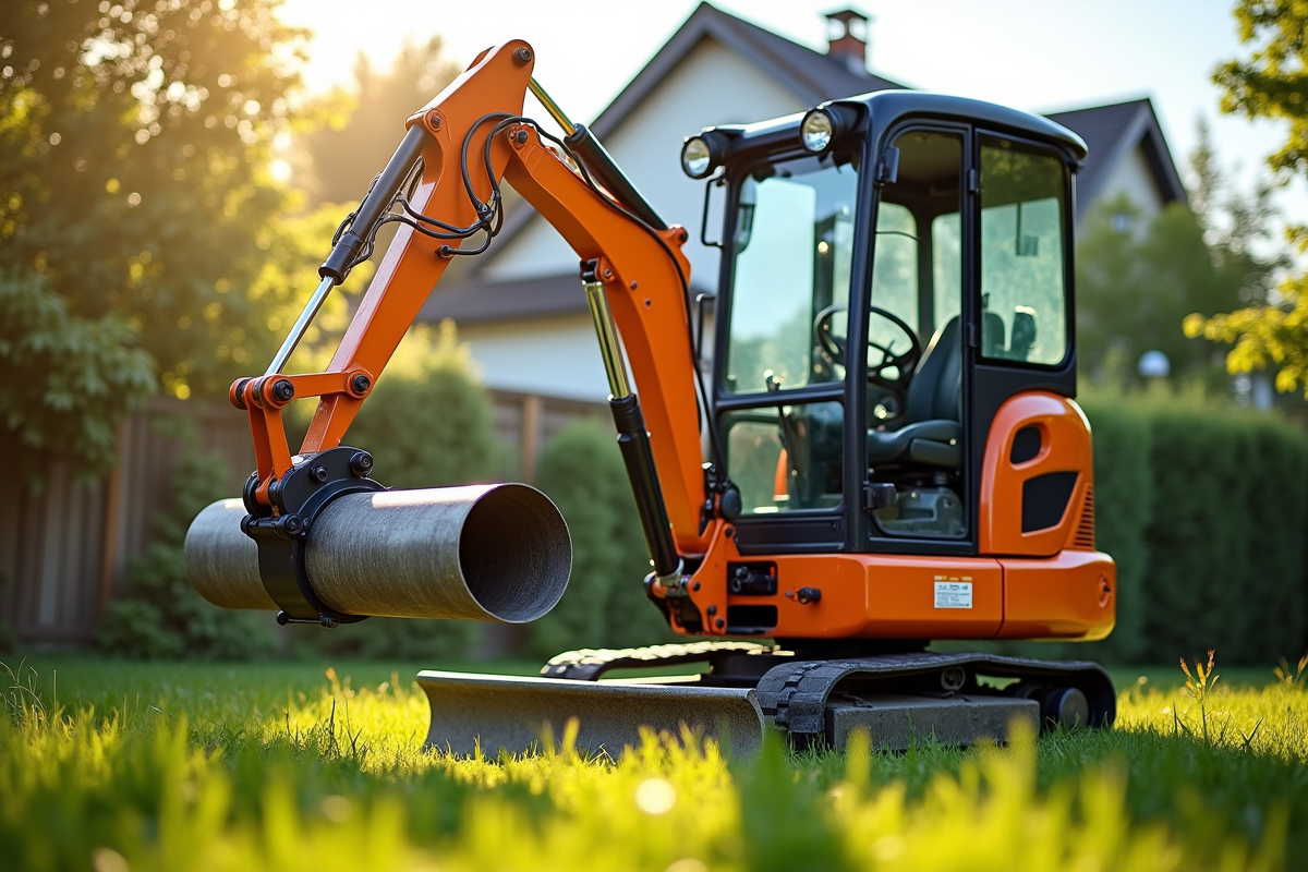 Mini-excavator soulevant un tuyau en métal dans un jardin