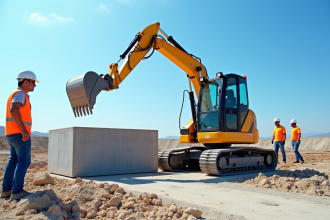 Mini-excavator sur chantier soulevant une dalle de béton