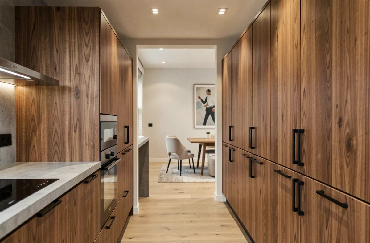 Aménagement intérieur complet Mobalpa Bordeaux avec cuisine et rangements en noyer mat et plan de travail béton