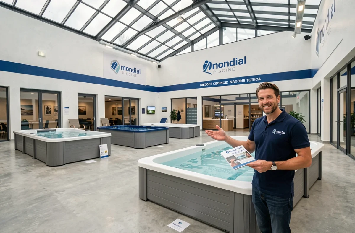Showroom Mondial Piscine en Rhône-Alpes avec modèles de piscines exposés et conseiller commercial