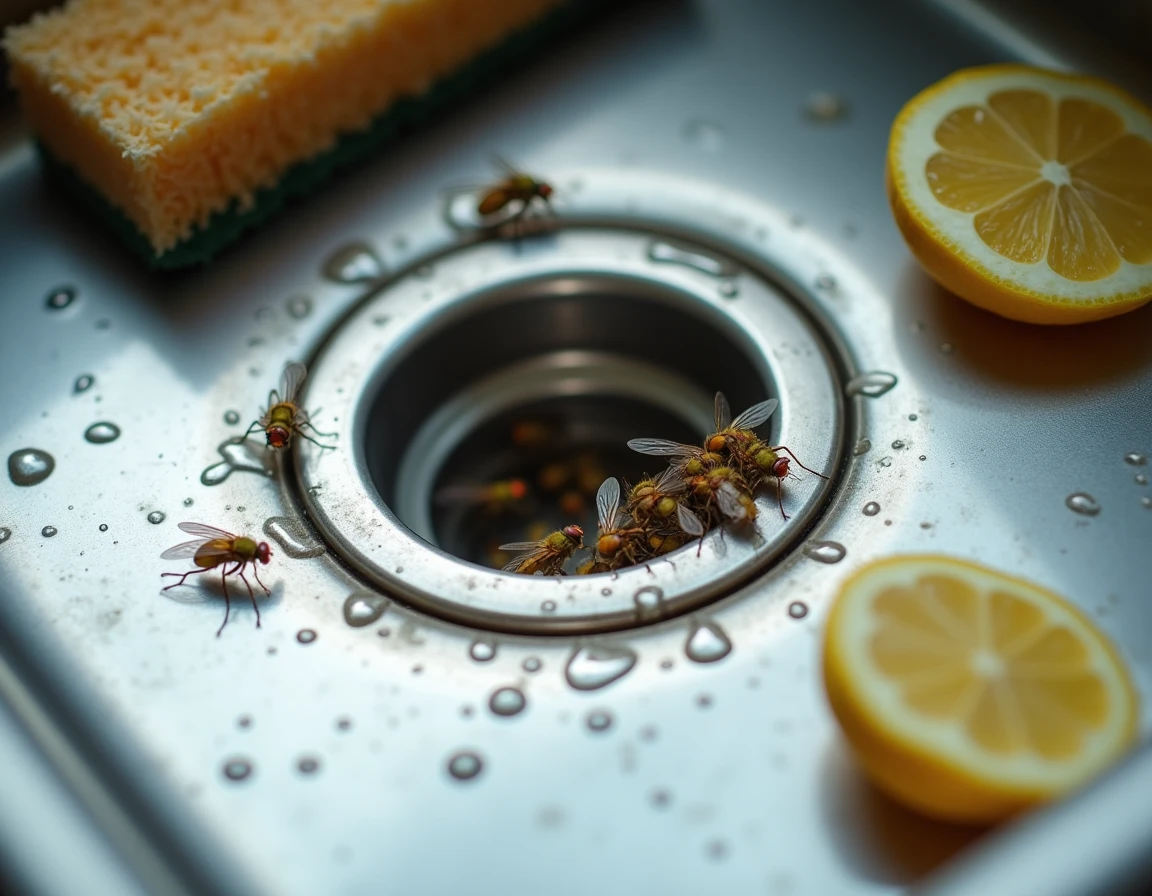 Gros plan sur des moucherons autour du siphon d'un évier de cuisine en inox