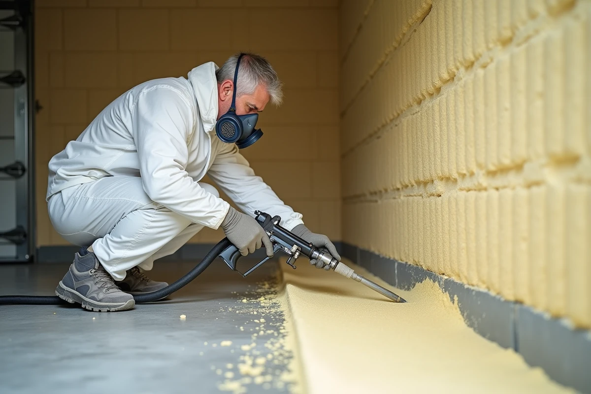 Technicien en isolation appliquant de la mousse polyuréthane expansive au niveau du soubassement d'un garage attenant