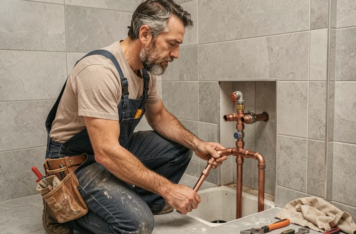 Artisan plombier de Multiservice Habitat installant une cisterne encastrée dans une salle de bain à Marseille