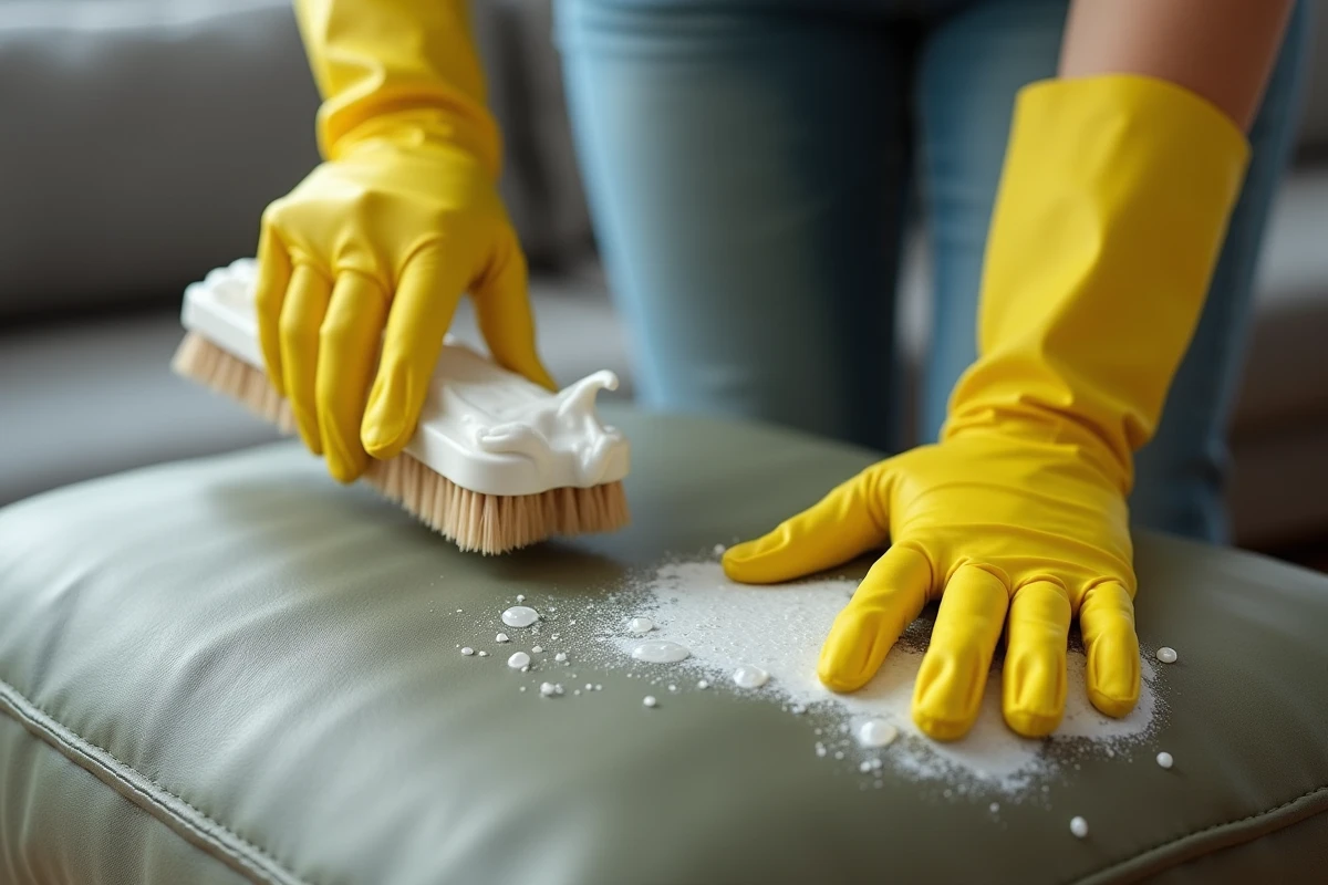 Mains gantées appliquant un produit nettoyant sur un canapé en cuir recouvert de moisissures vertes