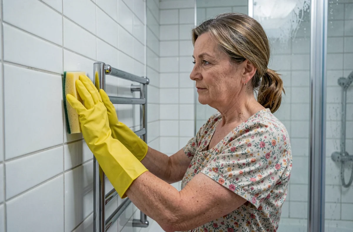 Femme âgée nettoyant les carreaux d'une salle de bain avec des gants en caoutchouc jaunes