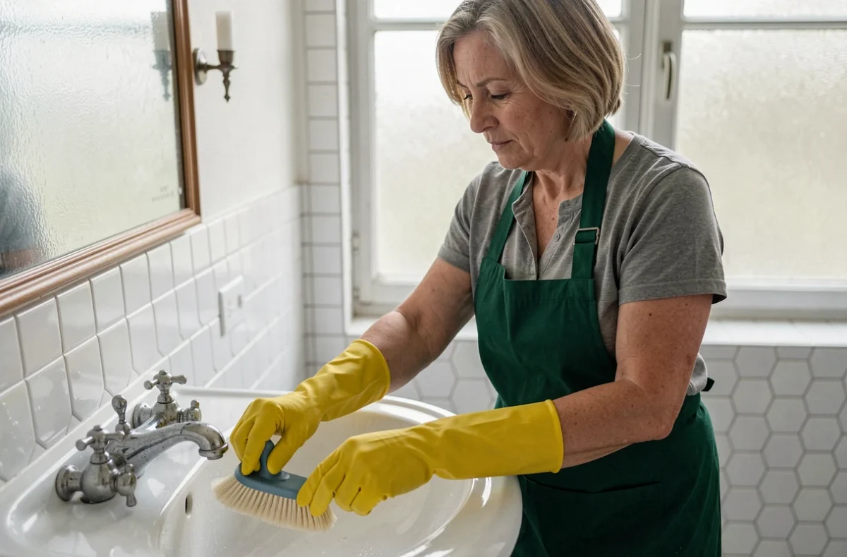 Femme de ménage portant des gants jaunes récurant un lavabo dans une salle de bain résidentielle à Troyes