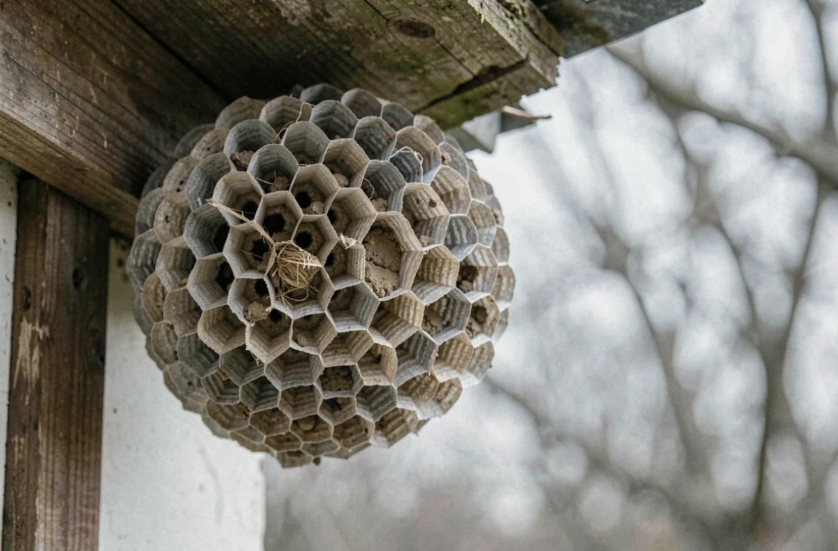 Nid de mouche abandonné accroché sous l'avant-toit d'une maison en bois, structure hexagonale détaillée visible au printemps