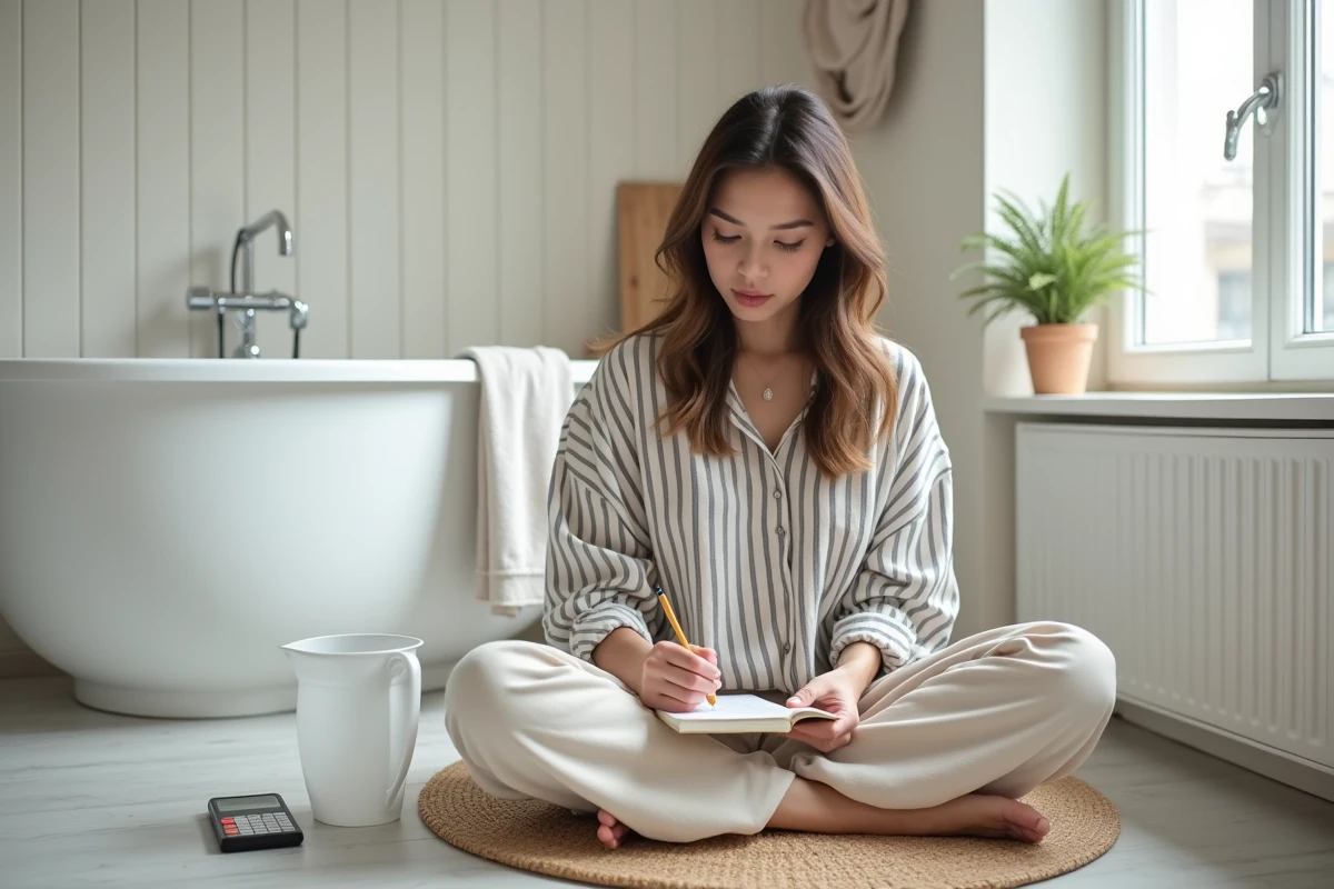 Jeune femme notant les mesures de contenance d'une baignoire dans un carnet avec une calculatrice sur smartphone