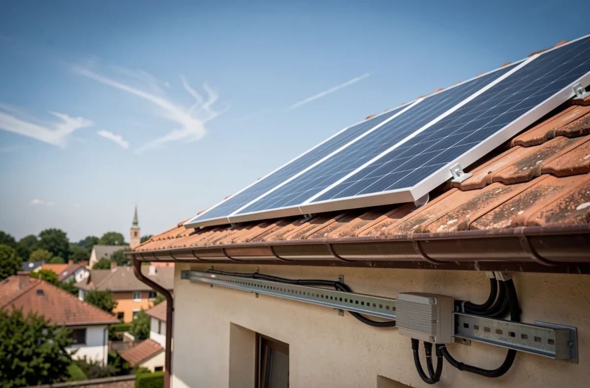 Onduleur de chaîne installé sur mur extérieur sous panneaux solaires en toiture